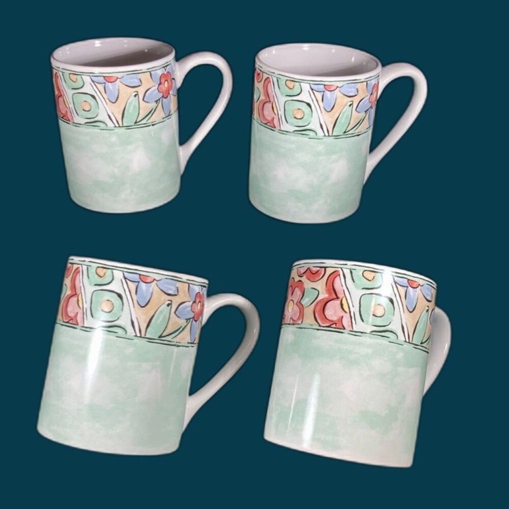 4 Corelle Coordinates Watercolors Ceramic Coffee Mugs lot of 4 green EUC
